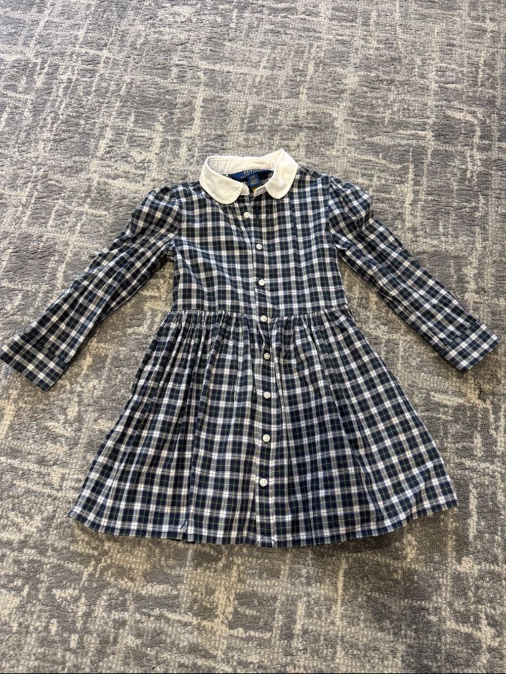 Ralph Lauren Girls Navy Plaid Button-Front Dress with White Peter Pan Collar
